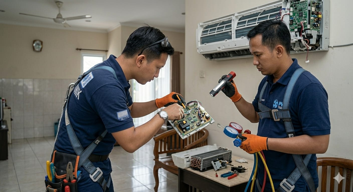 Teknisi sedang perbaiki AC